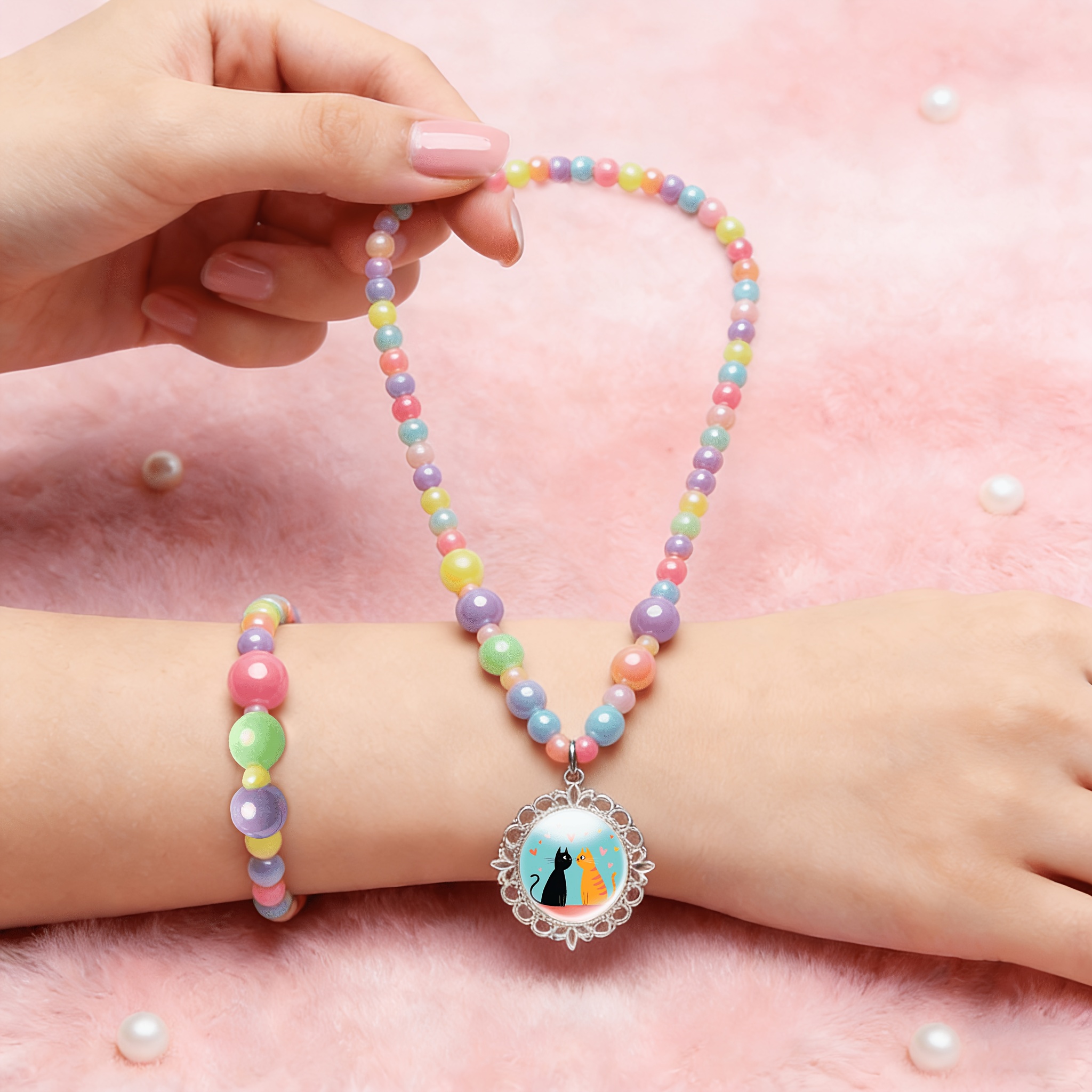 2pcs Cute Cat Necklace & Bracelet Set for Women